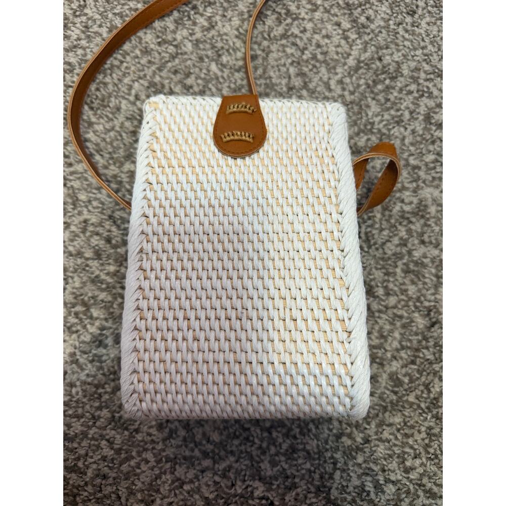 White Woven Rattan Sunflower Crossbody Bag Brown Strap Phone Purse Bali Style - Picture 6 of 6
